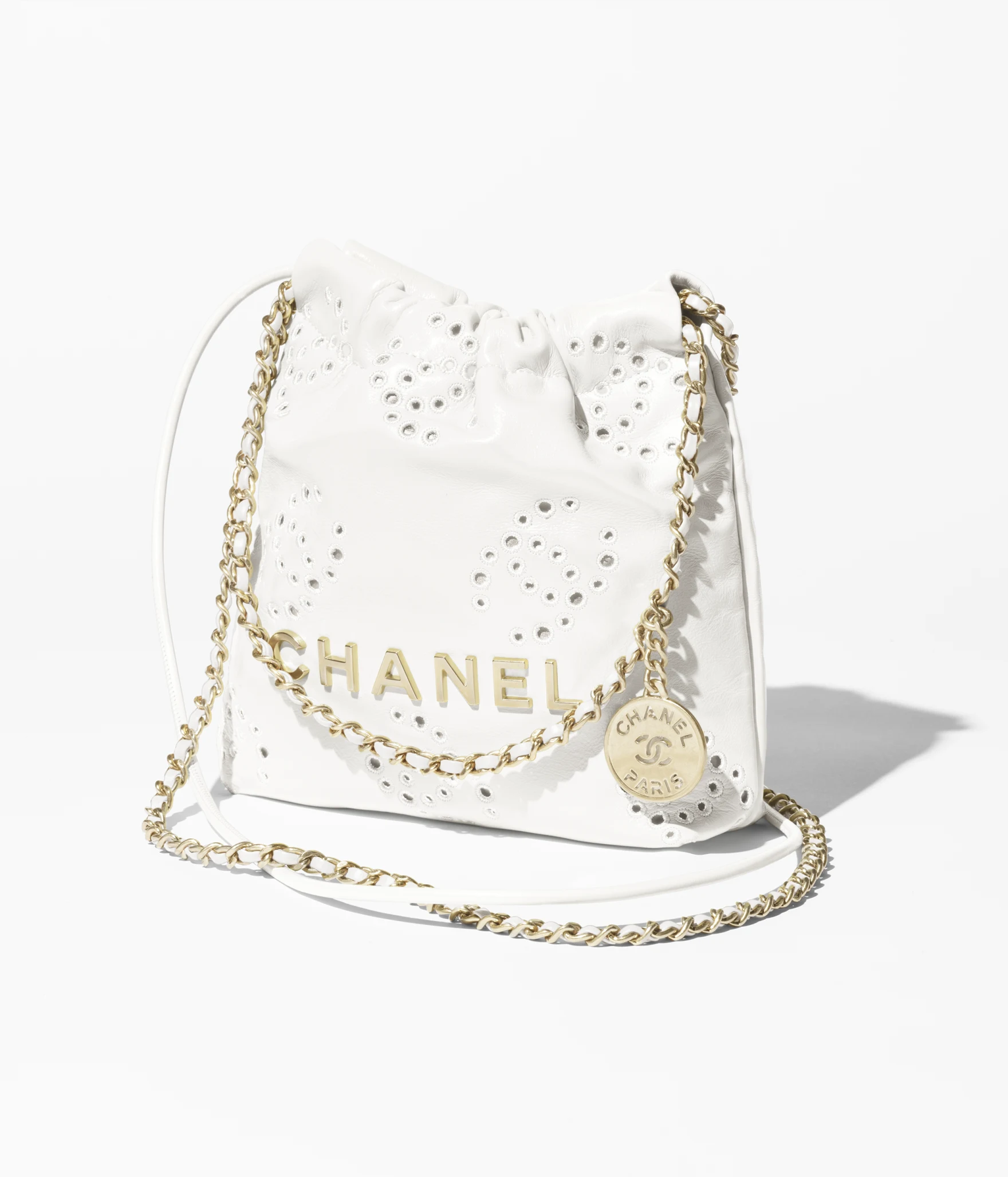 CHANEL 22 Mini Handbag Shiny Calfskin & Gold-Tone Metal White