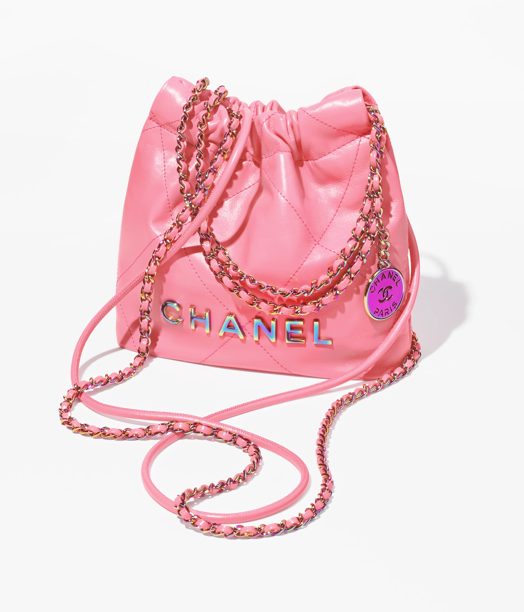 CHANEL 22 Mini Handbag Shiny Calfskin & Rainbow Metal Coral Pink