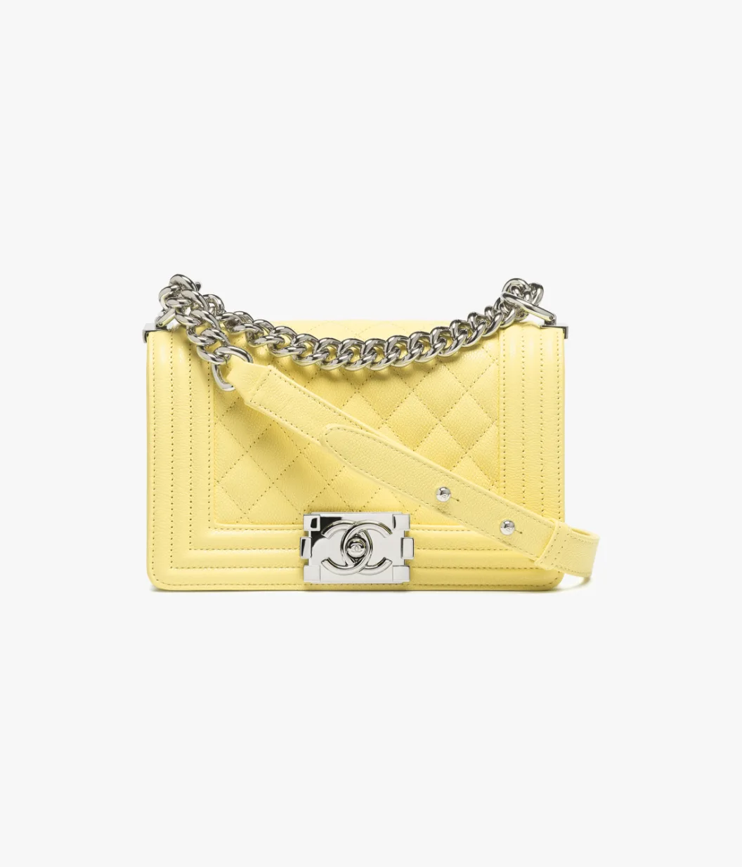 Small BOY CHANEL Handbag Shiny Grained Calfskin & Silver-Tone Metal Light Yellow