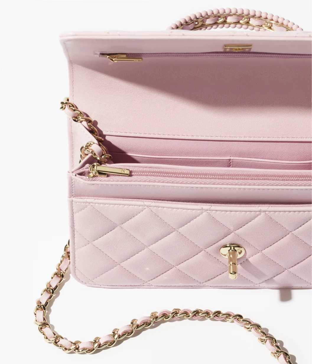 WALLET ON CHAIN Lambskin, Imitation Pearls & Gold-Tone Metal Light Pink