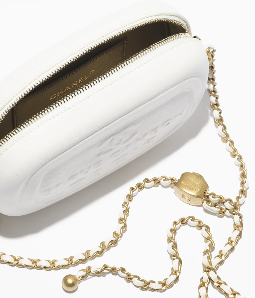 Mini Camera Case Shiny Lambskin & Gold-Tone Metal White