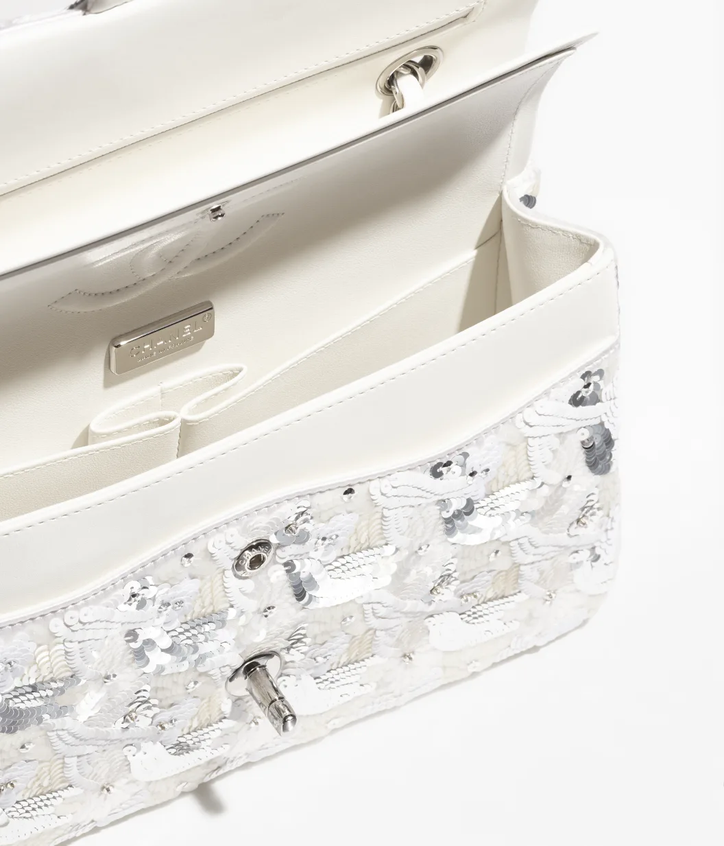 Classic 11.12 Handbag Embroidered Satin, Sequins, Glass Pearls & Silver-Tone Metal White & Silvery