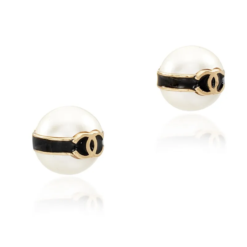Black Lucite, Imitation Pearl and Gold Metal CC Earrings