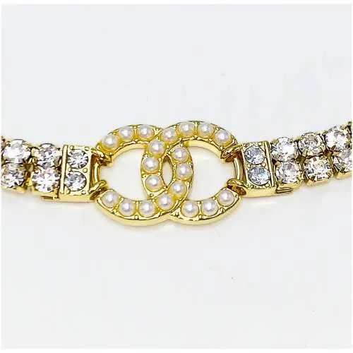 Authentic Heavy Gilt Necklace CC Logo set with Seed Pearls and Crystals