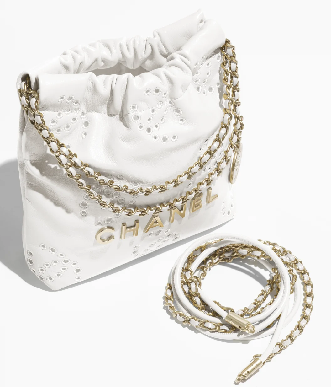 CHANEL 22 Mini Handbag Shiny Calfskin & Gold-Tone Metal White