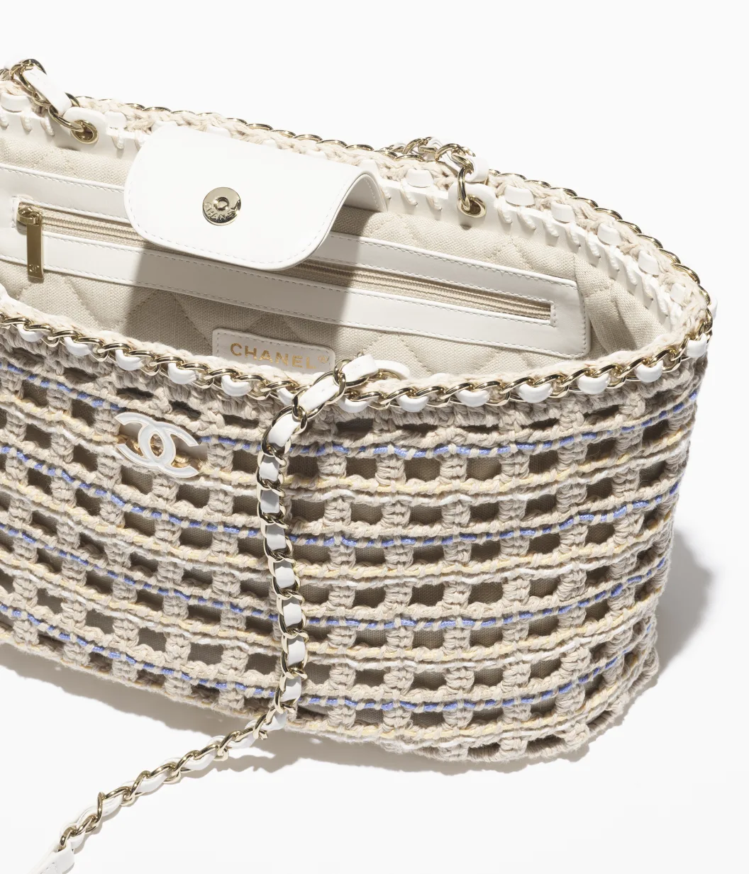 Small Shopping Bag Cotton Crochet & Gold-Tone Metal Beige, White, Blue & Yellow