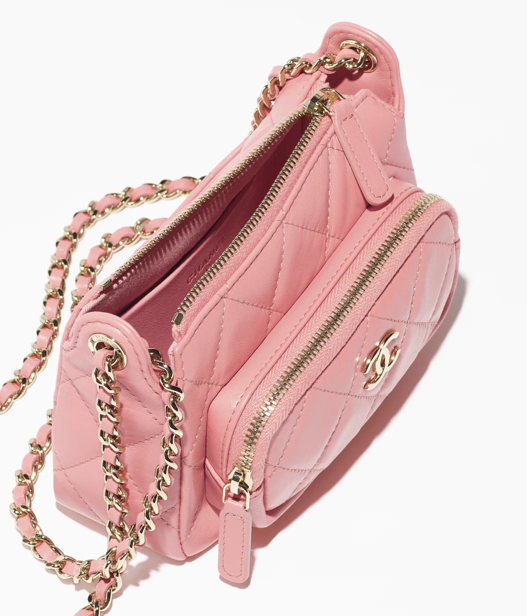 CLUTCH WITH CHAIN Shiny Crumpled Lambskin & Gold-Tone Metal Light Pink