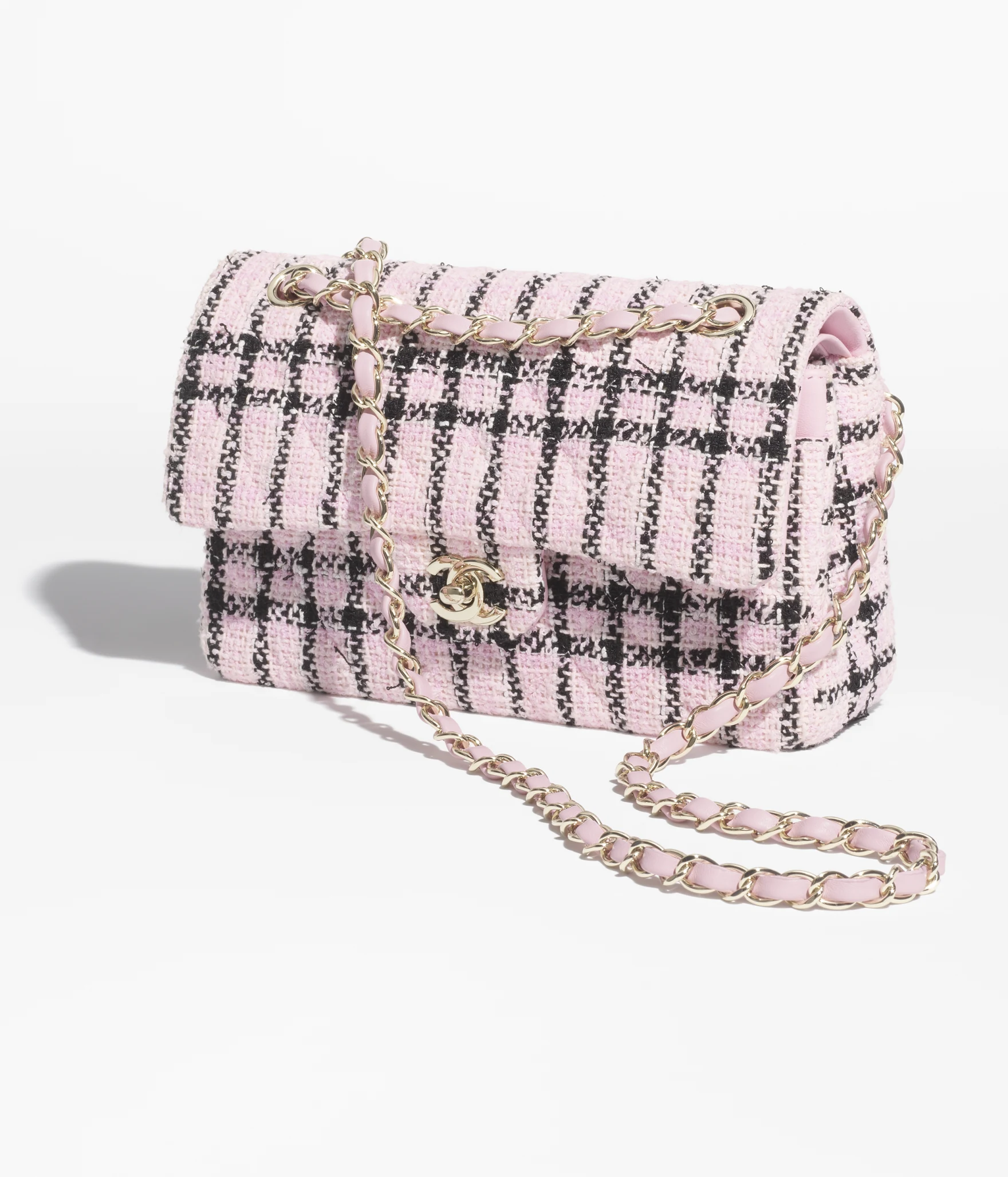Small Classic Handbag Tweed & Gold-Tone Metal Pink & Black