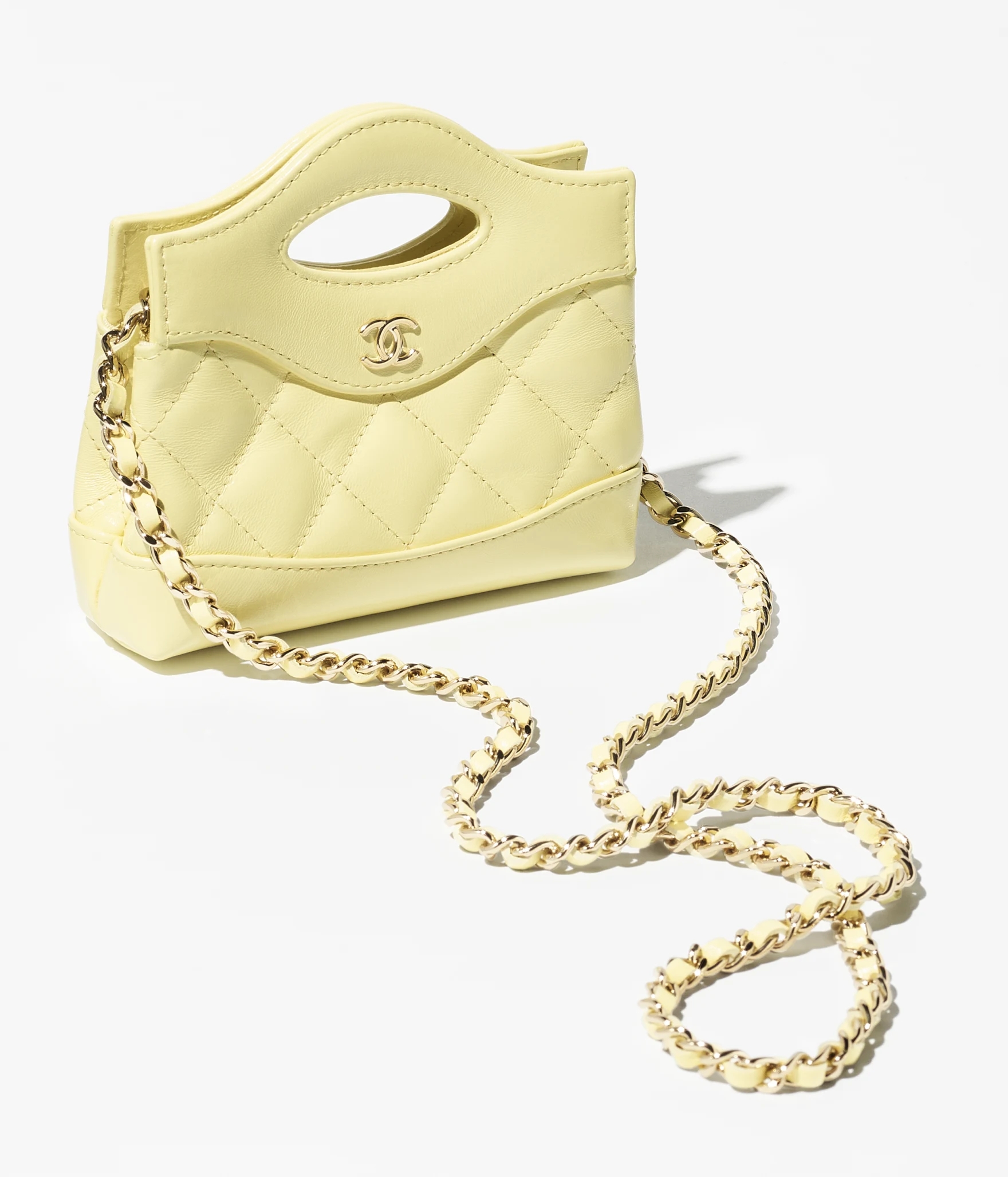 CLUTCH WITH CHAIN Shiny Lambskin & Gold-Tone Metal Light Yellow