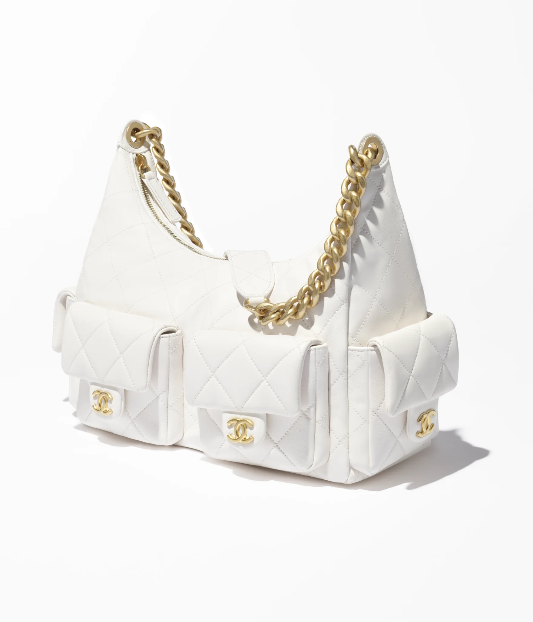 Maxi Hobo Bag Shiny Lambskin & Gold-Tone Metal White
