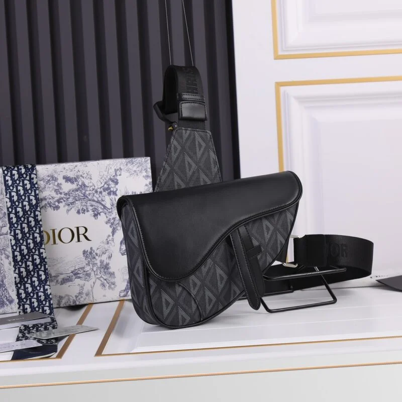 Dior Cd Diamond Canvas Saddle Bag- Black/White