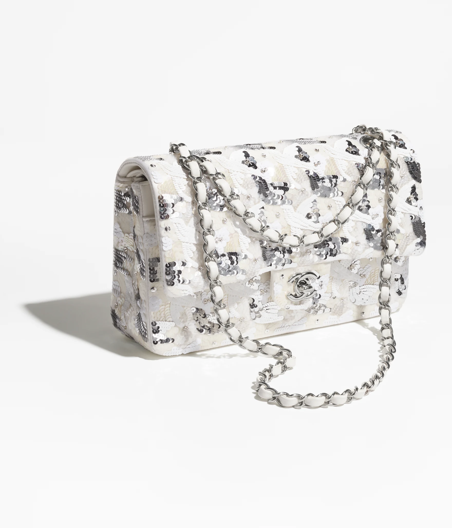 Classic 11.12 Handbag Embroidered Satin, Sequins, Glass Pearls & Silver-Tone Metal White & Silvery