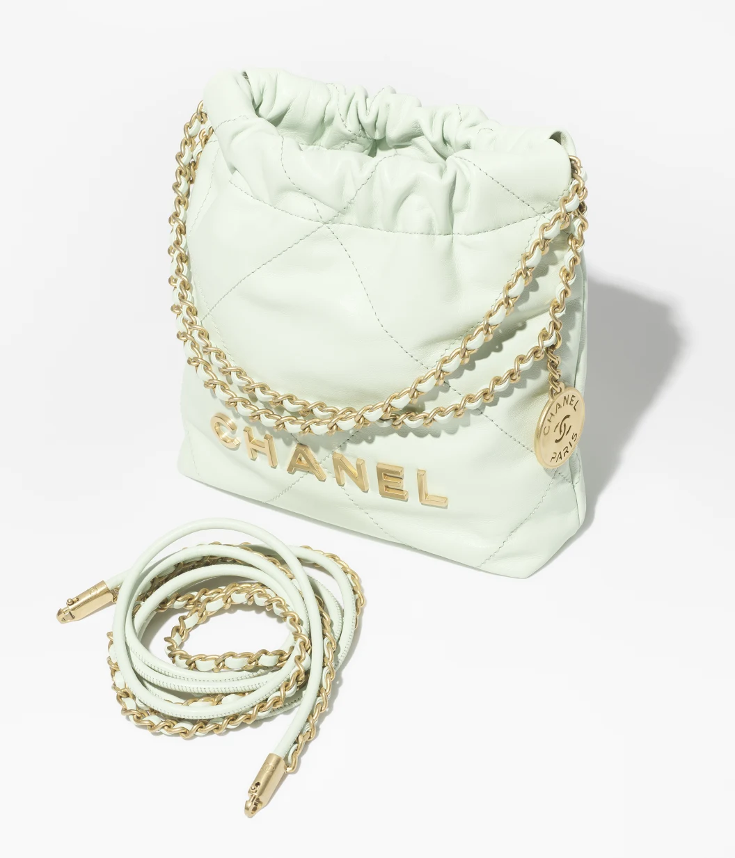 CHANEL 22 Mini Handbag Shiny Calfskin & Gold-Tone Metal Light Green