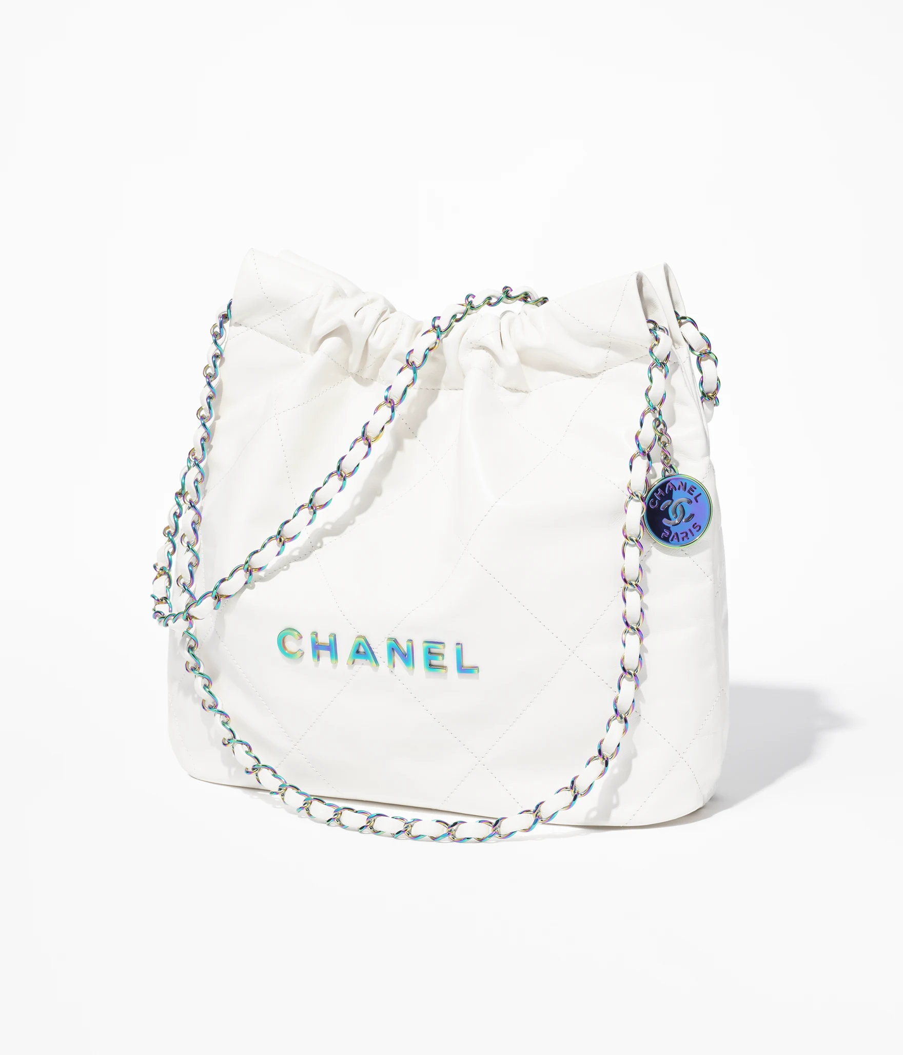 CHANEL 22 Small Handbag Shiny Calfskin & Rainbow Metal White