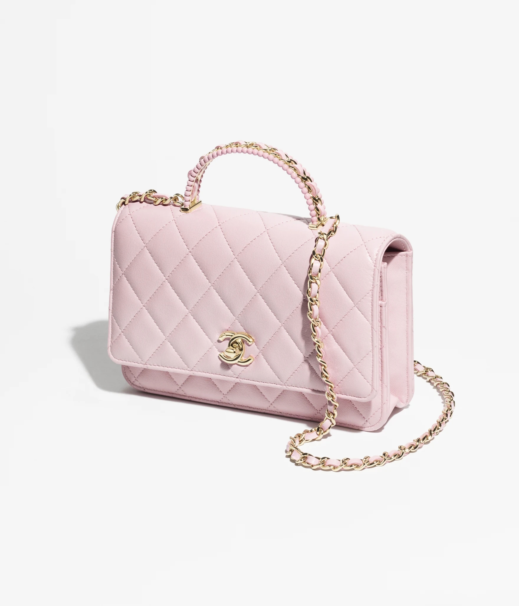 WALLET ON CHAIN Lambskin, Imitation Pearls & Gold-Tone Metal Light Pink