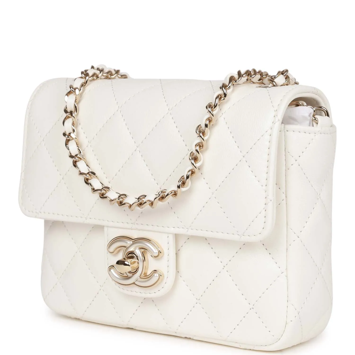 Sweet Mini Square Flap Bag White Lambskin Light Gold Hardware