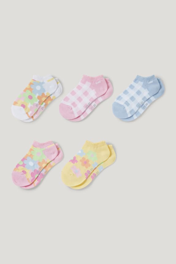 Multipack of 5 - floral and check - trainer socks with motif