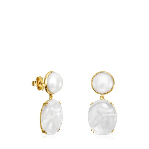 Tous Perfume Short Vita earrings in Gold Rose Quartz and with Pearl