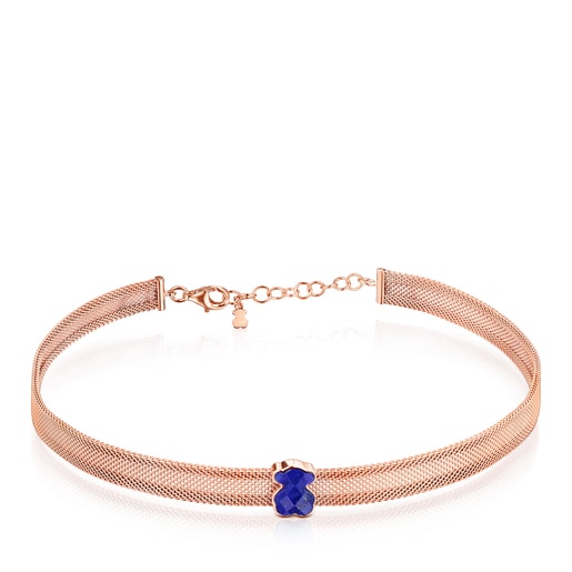 Tous Pulseras Rose IP Lazuli Color Lapis with Mesh Steel Necklace
