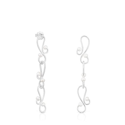 Tous Earrings Tsuri silver motifs Long and pearls with cultured