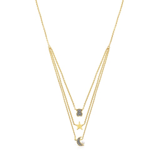 Tous Pulseras Nocturne Necklace in Silver Vermeil and Diamonds with Pearl
