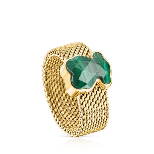 Gold-colored IP Steel Mesh Color Ring with Malachite Bear motif | 
