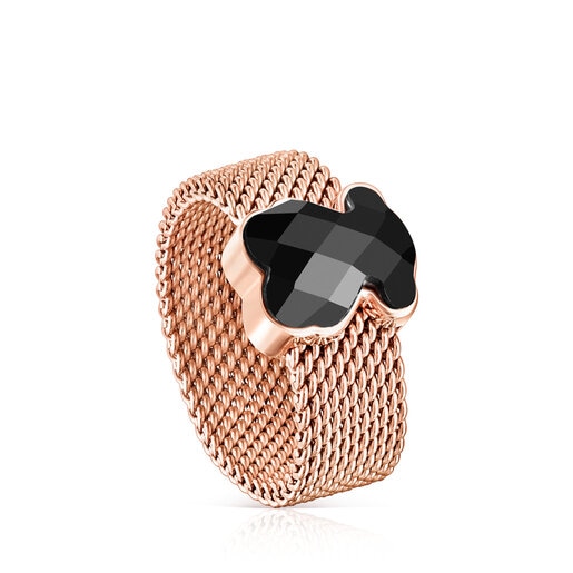 Anillos Tous Rose IP Steel Ring Bear TOUS with Color Mesh motif Onyx faceted
