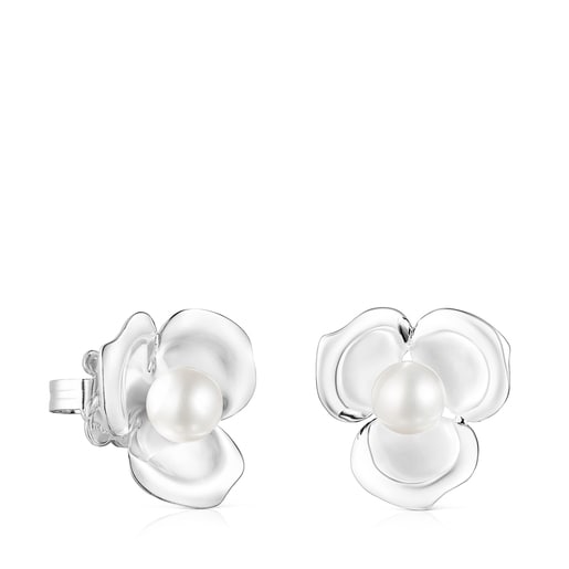 Tous Perfume Small Silver Fragile Nature flower Earrings with Pearl