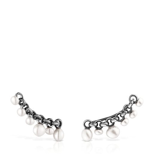 Dark silver Virtual Garden Bar earrings with cultured pearls | 
