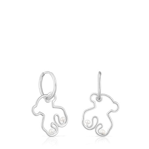 Silver Tsuri Bear hoop earrings with cultured pearls | 