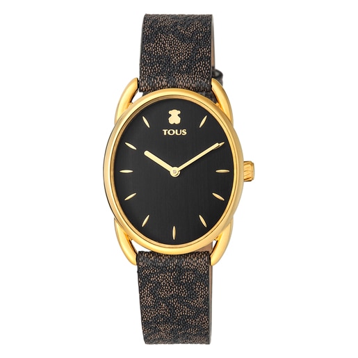 Gold-colored IP Steel Dai Watch with black Leather Kaos strap