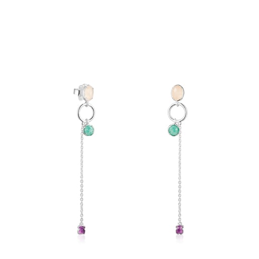 Tous Perfume Long Silver and Gemstones Cool Color Earrings