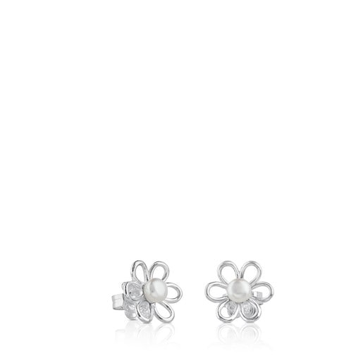 Tous Perfume Silver and 0,55cm. Pearls TOUS Maggie Earrings with Flower motif