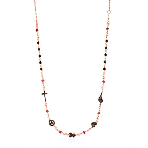 Rose Vermeil Silver Motif Necklace with Spinel, Ruby and Onyx | 