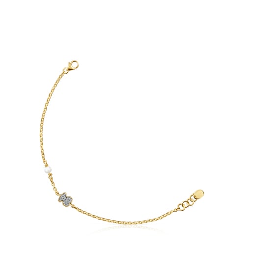 Tous Bolsas Nocturne bear Bracelet in Silver Vermeil with Diamonds and Pearl