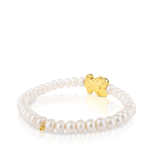 Tous Bolsas Gold Sweet Dolls big Bracelet with Bear motif and pearls