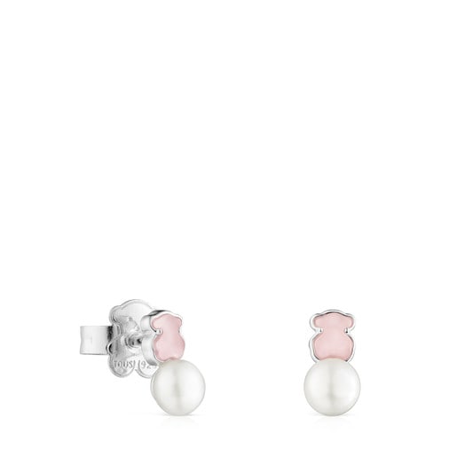 TOUS Mini Color Earrings in Silver with rose Quartzite and Pearl | 