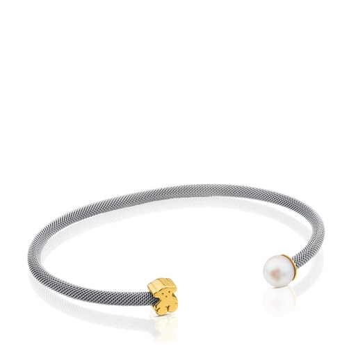 Steel and Gold TOUS Icon Mesh Bracelet with Pearl and Bear motif | 
