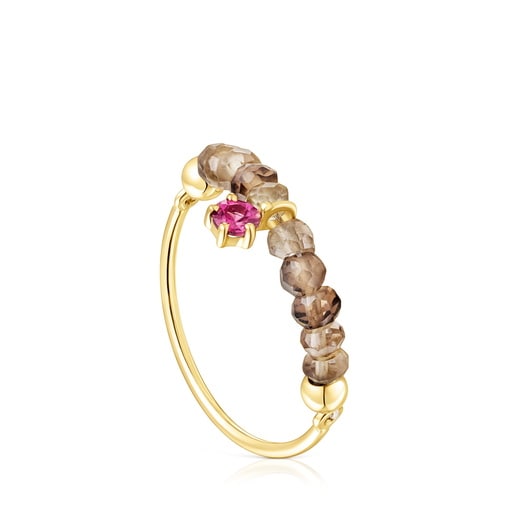Gold TOUS Cool Joy Ring with smoky quartz and rhodolite | 