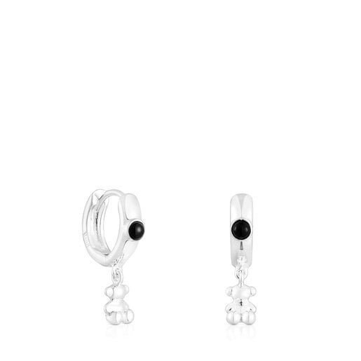 Silver Bold Bear Hoop earrings with onyx and bear charm | 