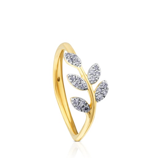 Anillos Tous Gold Gem Diamonds motif Leaf Ring with Power