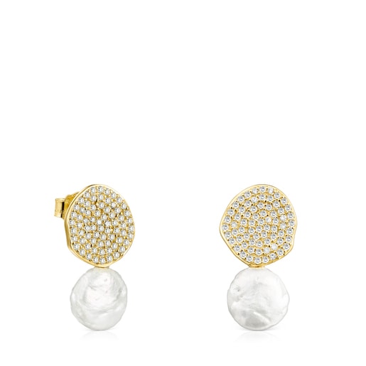 Gold Nenufar Earrings with Diamonds and Pearl | 