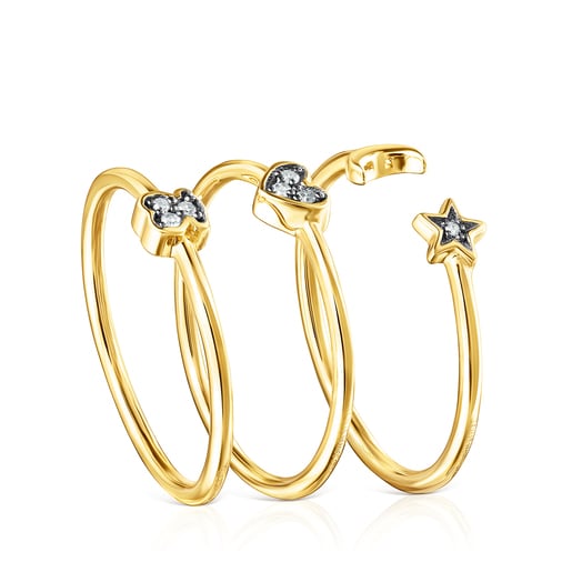 Set of Silver Vermeil Nocturne Rings with Diamonds | 