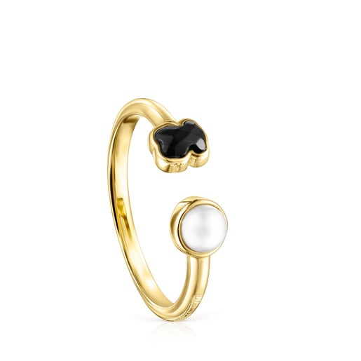 Anillos Tous Glory Ring Silver with Vermeil Onyx and in Pearl