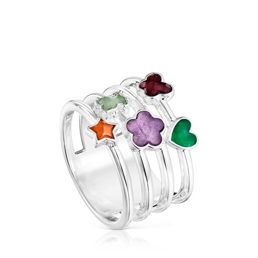 Wide Silver Bold Motif Ring with gemstones and motifs | 