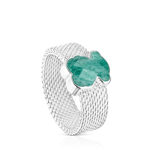 Anillos Tous Silver TOUS Bear with motif faceted Ring Amazonite Color Mesh