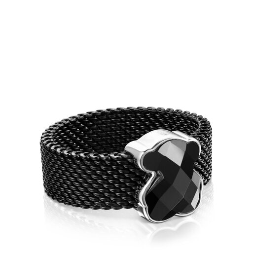 Anillos Tous Black IP Steel Mesh Color Onyx motif with Bear Ring