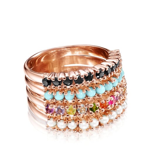 Anillos Tous Straight Ring in multicolor with Gemstones Rose Vermeil Silver