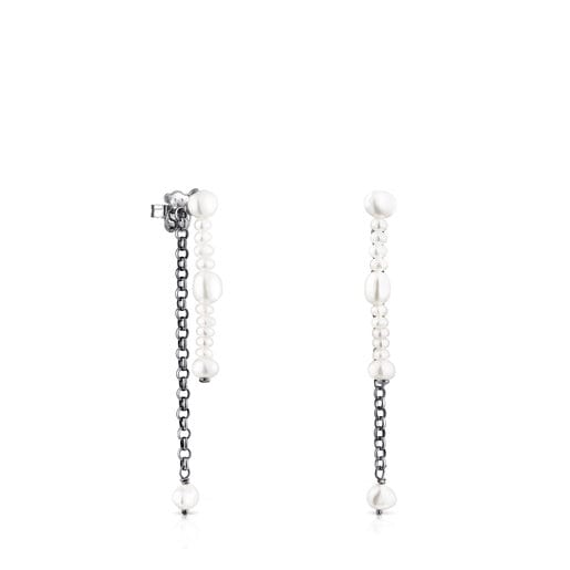 Tous Perfume Dark silver Virtual Garden Double earrings with pearls cultured