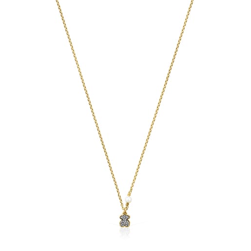 Tous Pulseras Nocturne bear Necklace in Silver Vermeil with Diamonds and Pearl